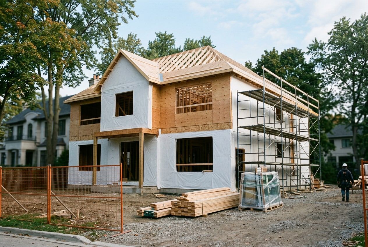 Custom family home under construction, framed and wrapped, with scaffolding, site fencing and materials stacked on the driveway
