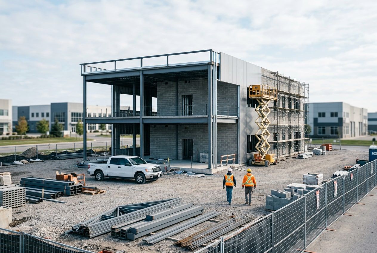 Two-storey commercial building under construction in a business park, with steel frame, scaffolding, a scissor lift and materials on site