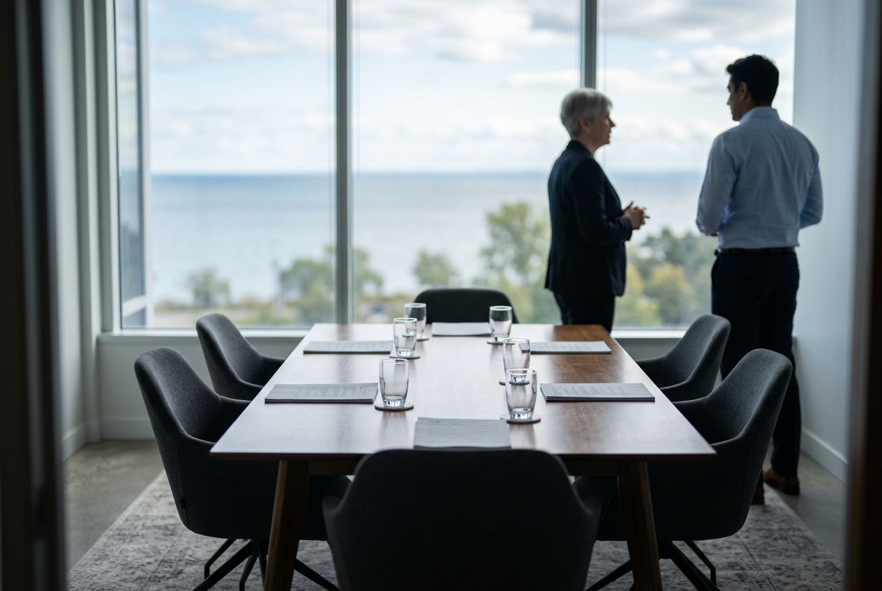 Small boardroom table set for a meeting, with documents and a view of the lake