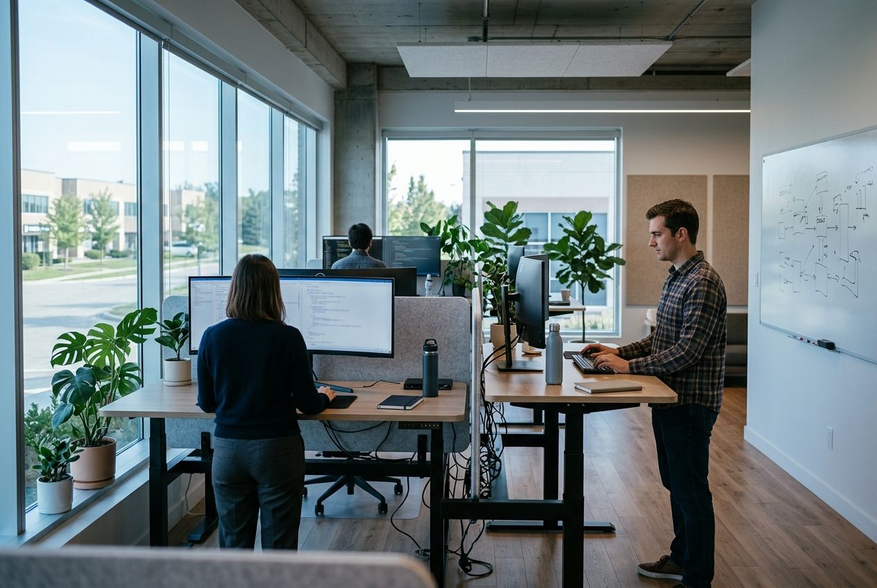 Small IT firm's open office with developers working at large monitors