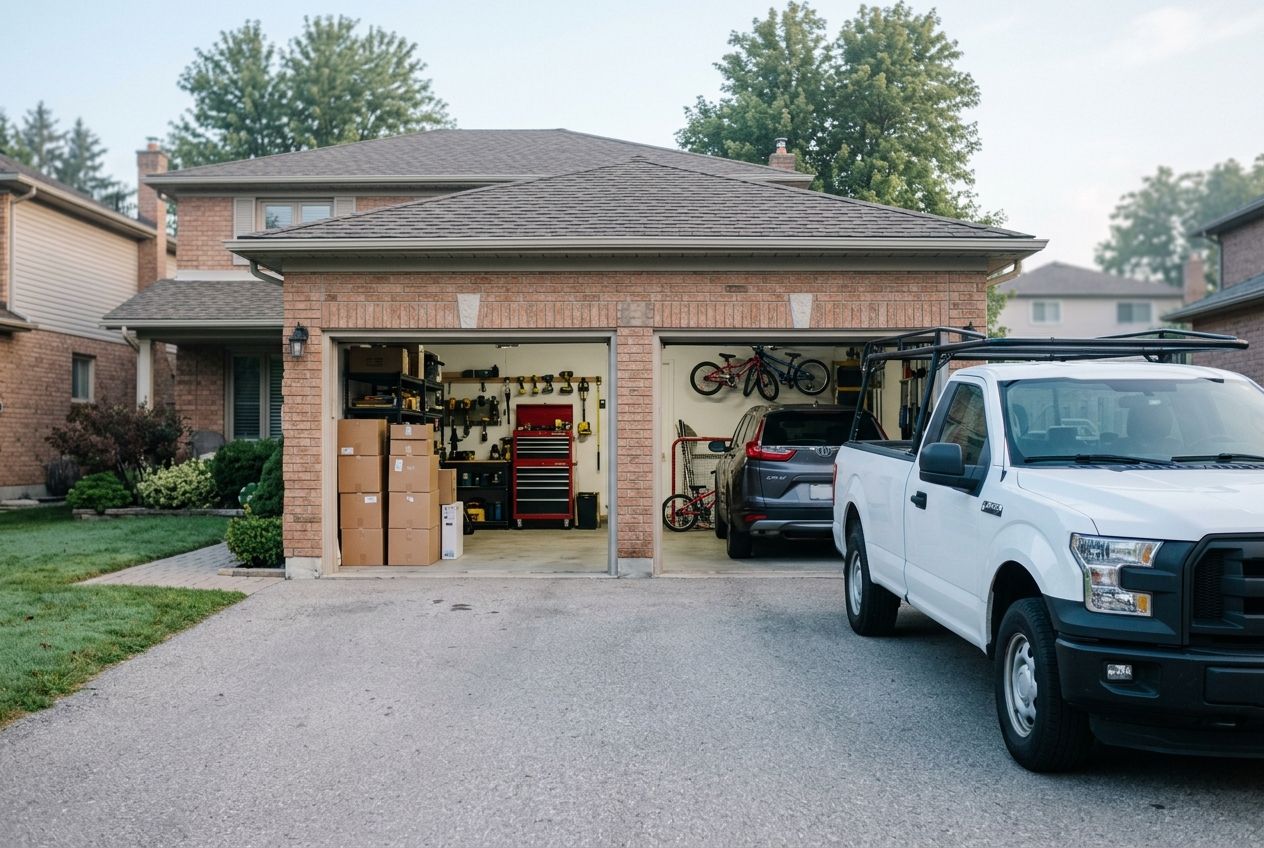Work pickup in a family driveway, garage open with tools and boxes of stock beside the family bikes
