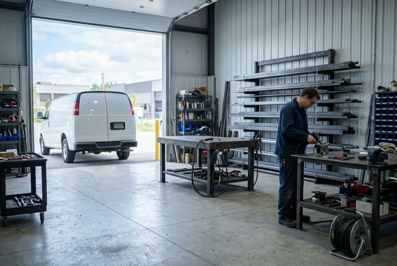 Owner working in a small fabrication shop, with an unmarked company van at the open bay door