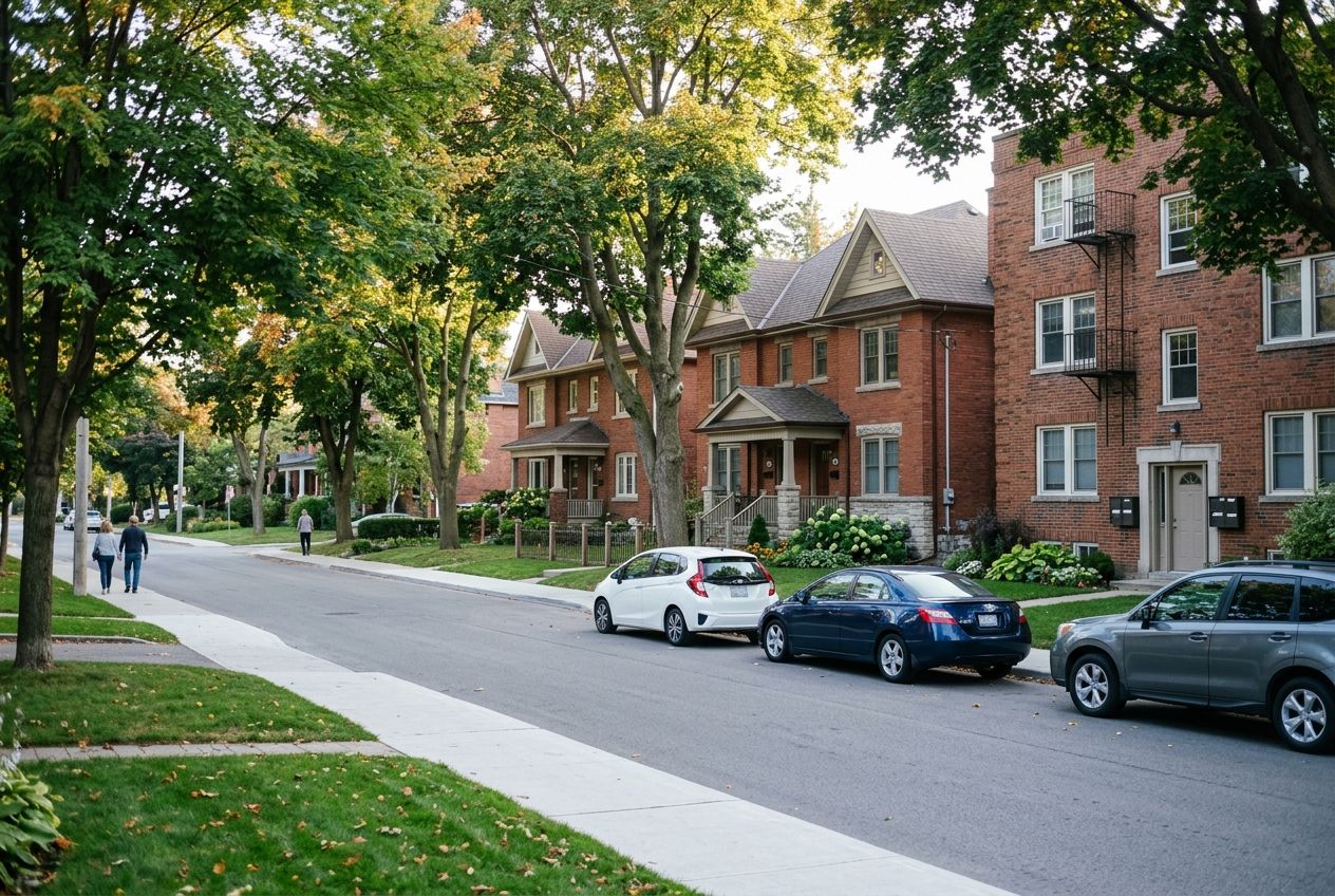 Row of well-kept brick rental homes and a small walk-up building on a tree-lined Ontario street